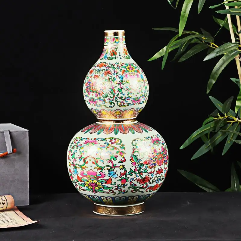 Ceramic Calabash Gourd Vase Chinese Style Floor Vase for Home Decor Living Room Entryway Lucky Prosperity Decoration