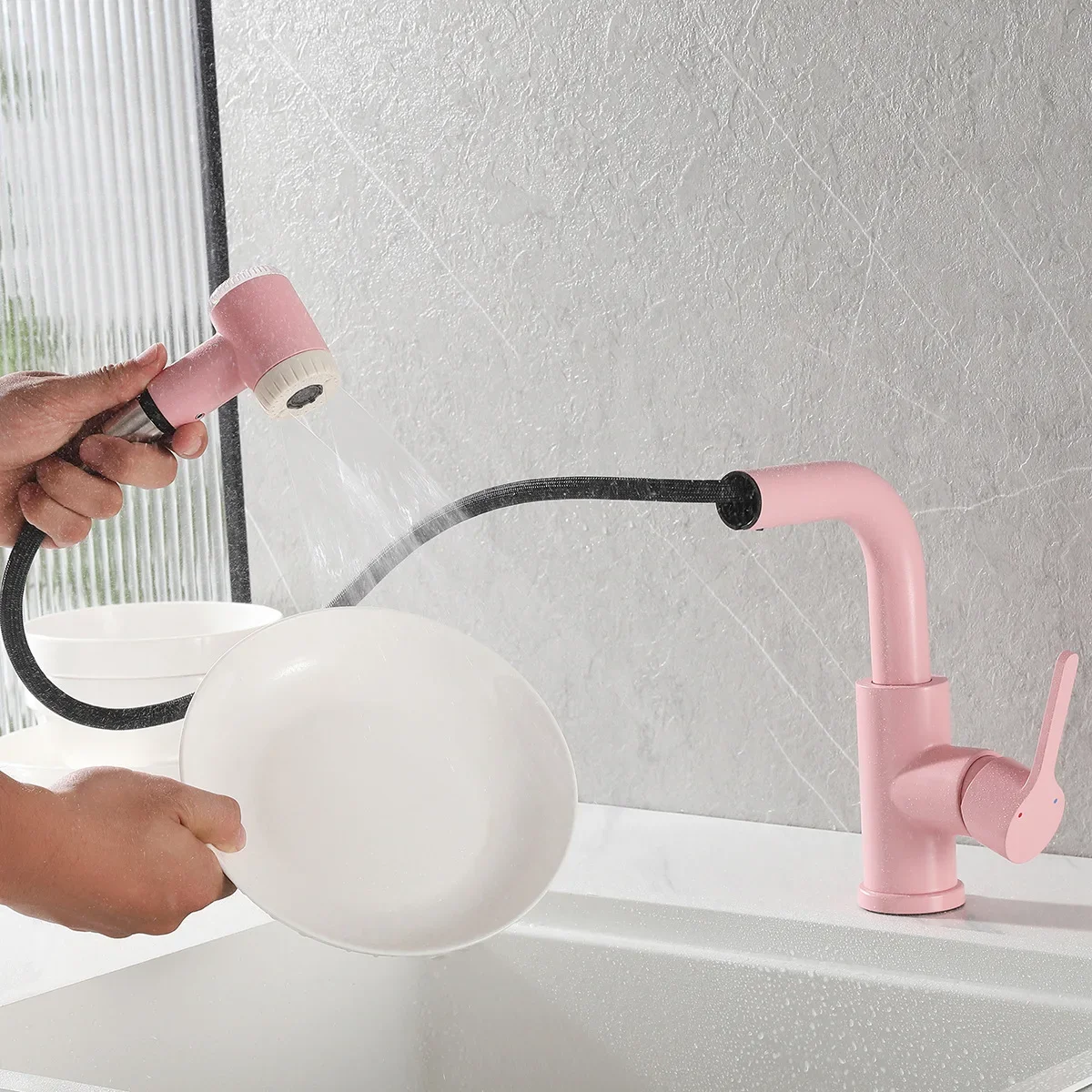 Copper Basin Pull-Out Faucet with Filter Cartridge Multi-Function Pull-Out Sink Faucet Pink Basin Faucet