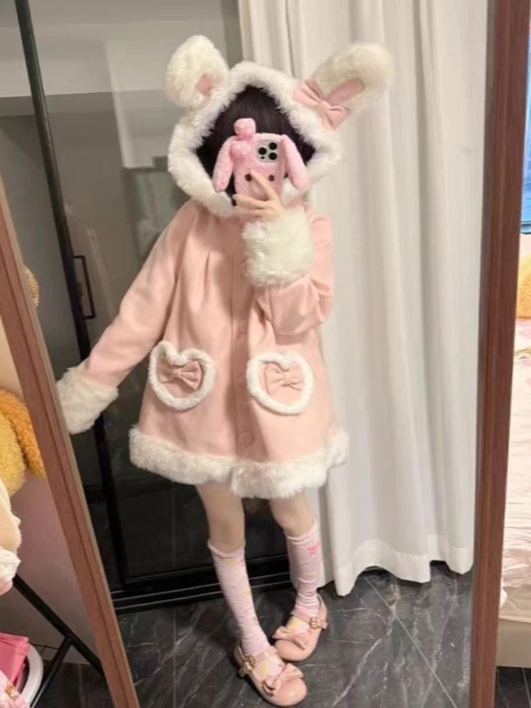 Winter Japanese Lolita Loose Pink Woolen Cloth Coat Elegant Sweet New Lovable Bow Warm Overcoat Fashion Kawaii Fur Collar Coat