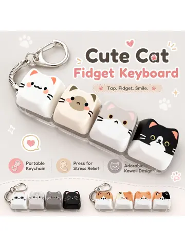 Cute Cat Relax Button Keycap, Kawaii Cat 4-Key Keyboard Fidget Toy for Friends Gift, Portable Fidget Keychain Fashion Bag Charm