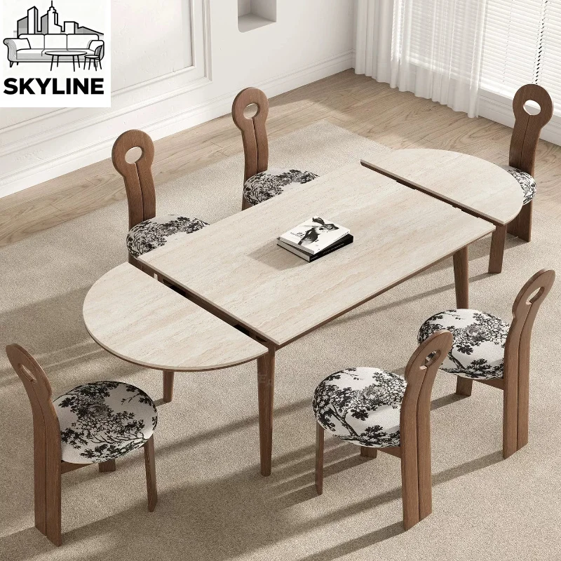 Solid wood dining table foldable rectangular retractable household simple travertine dining table