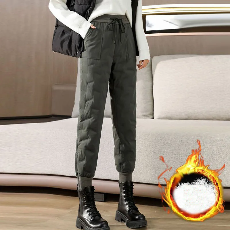 

Women Thicken Warm Side Zipper Down Cotton Pants Winter Windproof High Waist Trousers Solid Color Female Vintage Harem Pants