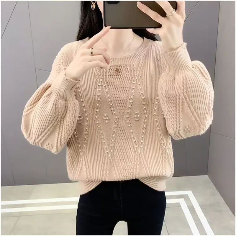 Knitted Sweater Women Autumn2024 New Loose Outer Wear Beaded Prismatic Explosions Sweater Female Long Sleeve Jumper Clothing top