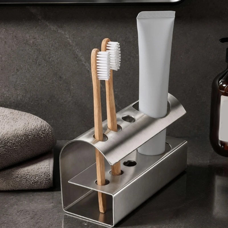  Brushed Metal Toothbrush Stand, Bathroom Counter Rack with Toothpaste Slot, Airy Open Lower Side, and Daily Brush Storage