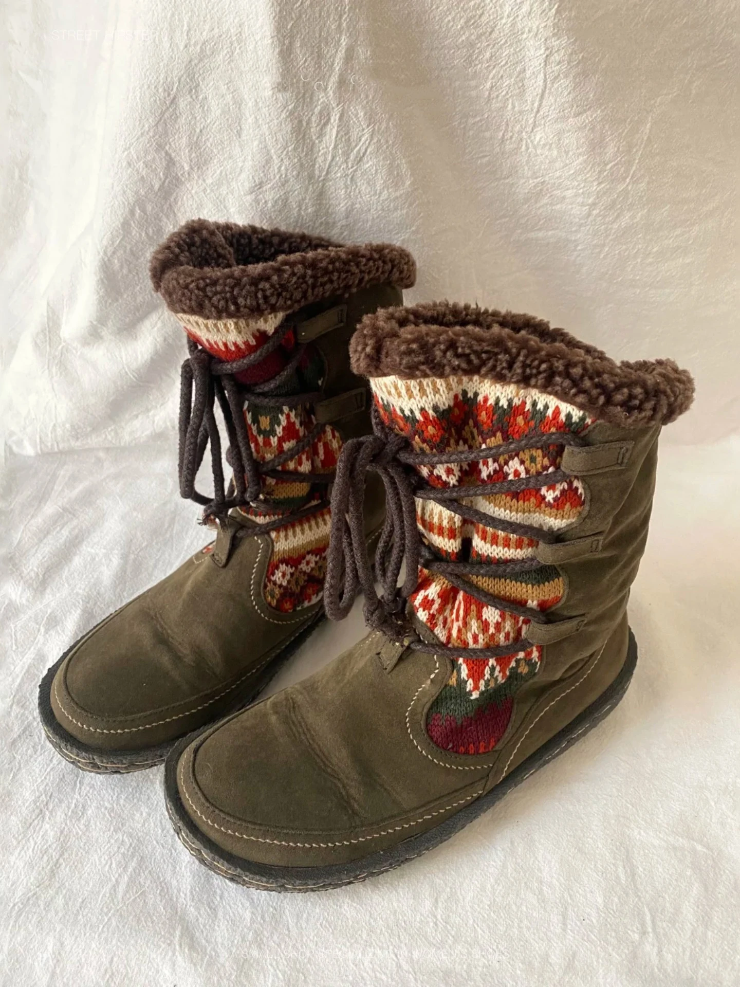 Women's Olive Suede Winter Boots Aztec Pattern Fleece Lining Cozy Retro Style for Cold Weather Outings or Casual Everyday Looks