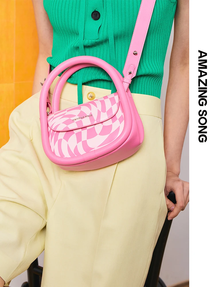 Amazing Song Green Pink Checkerboard Bag Soft Bag Family Handbag Crossbody Bag Hasp Niche Design