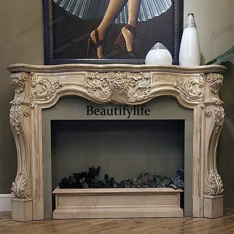 Y136 light luxury retro solid wood carving flower old fireplace European style, decorative fireplace frame background wall