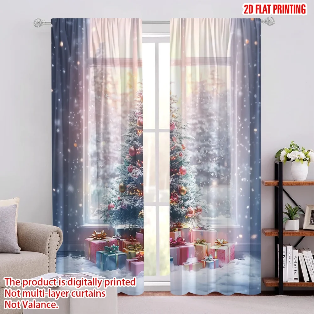 

2pcs 2D flat printing Merry Christmas Window Drapes Christmas trees and gifts Polyester Without Electricity Birthday Party for