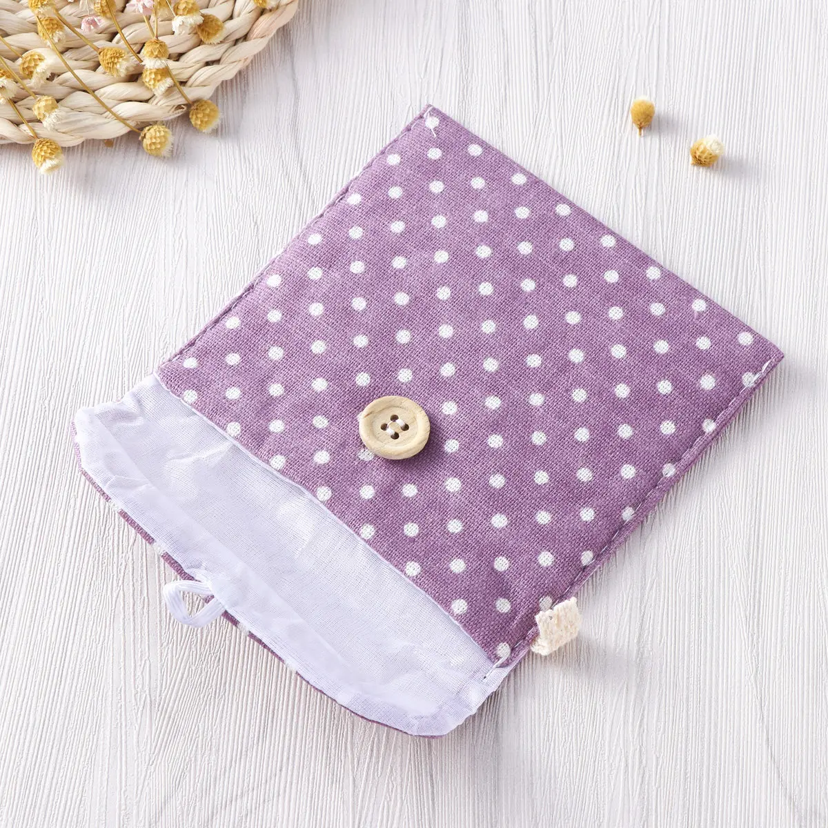 Women Sanitary Napkins Organizer Polka Dot Purple Linen Menstrual Pouch Holder Case Secret Pouch Small Travel Cosmetics
