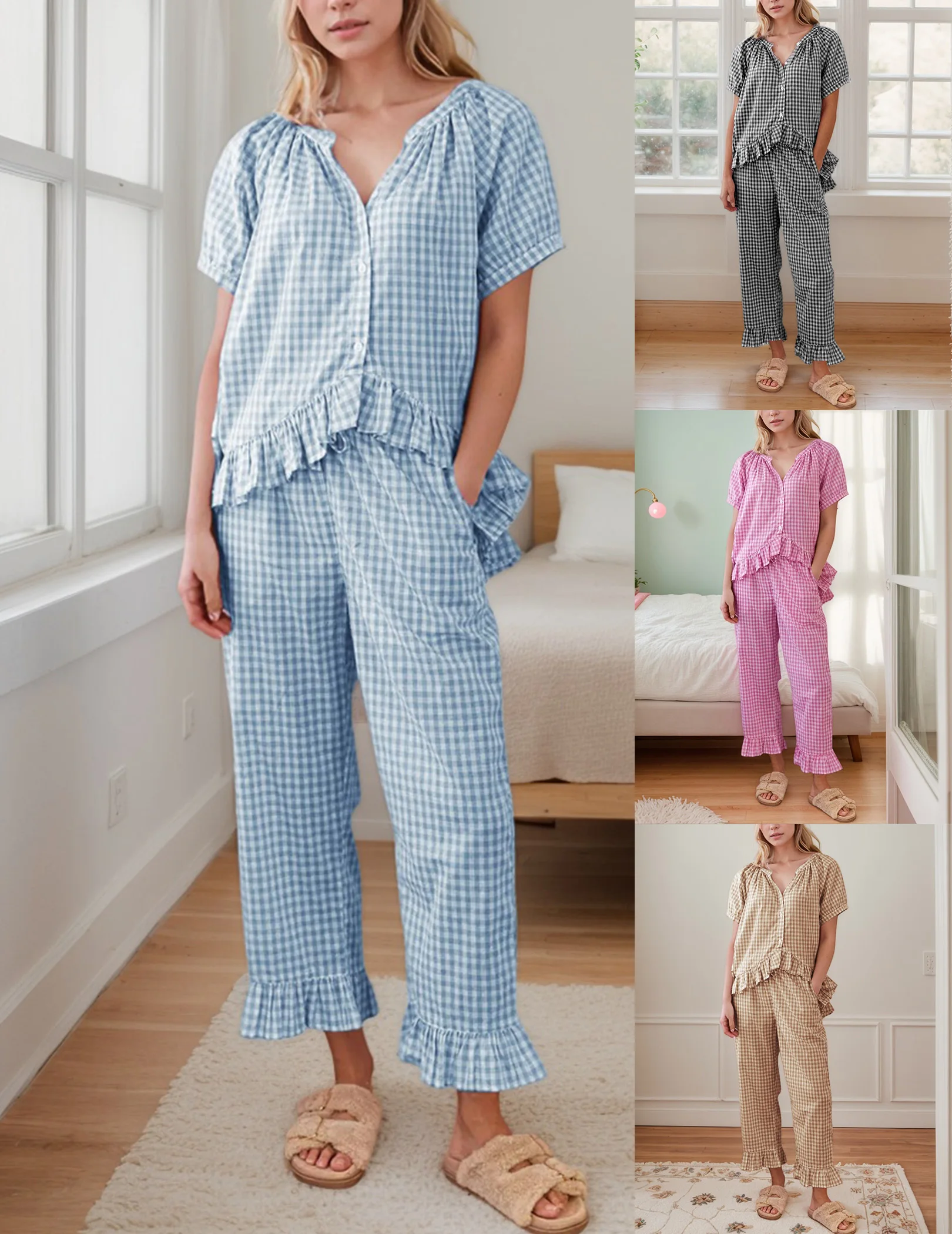 

Women Gingham Pajama Set Summer Short Sleeve Babydoll Shirt and Pants Plaid 2 Piece Pajama Set Lounge Set for Home