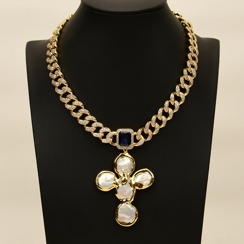 

GG Yellow Gold Plated Vintage Colbalt Blue Cz Charm Cuban Chain Choker Necklace Coin Pearl Crucifix Pendant