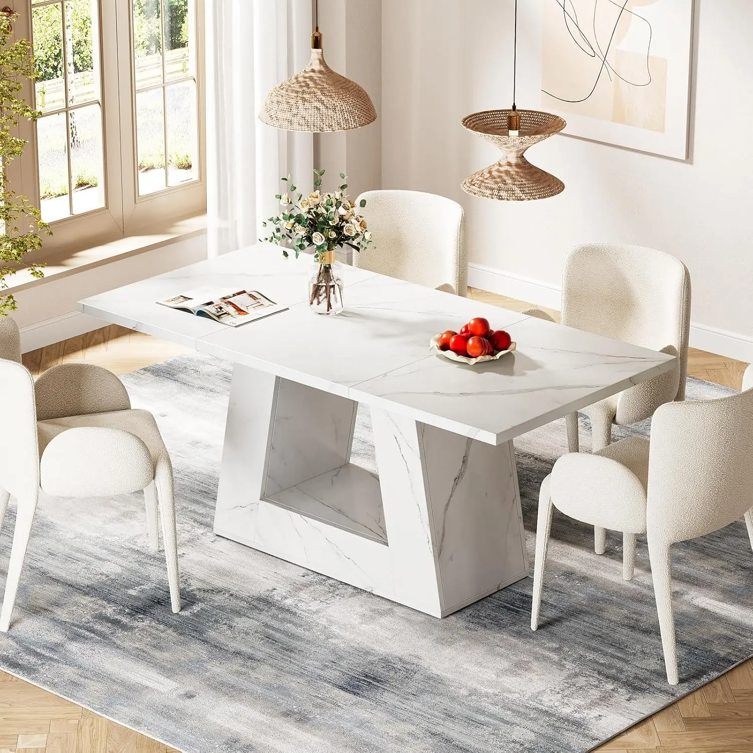 Modern Wooden Faux Marble Dinner Table with Sturdy Base for Kitchen, Living Room