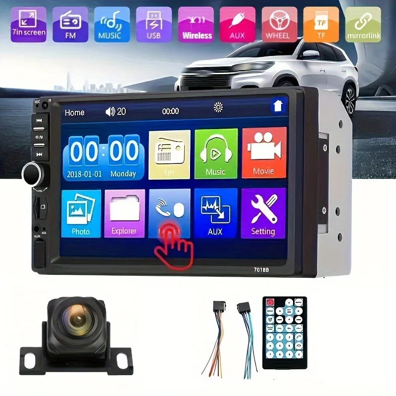 

2Din Car Stereo, 17.78 cm Touch Screen BT Handsfree Car Radio Support AUX/USB/FM/TF Card/Mirror Link with IR Remote Control