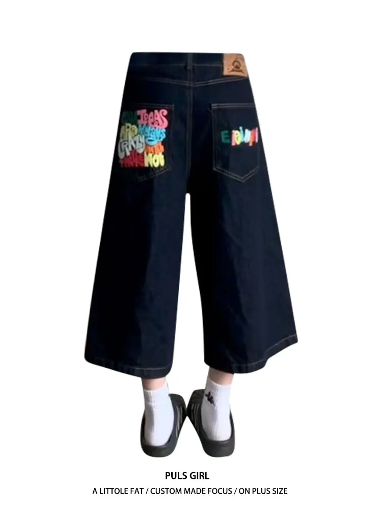 

Женские джинсовые брюки-капри больших размеров в американском ретро-стиле с принтом, летние, новые, свободные, утягивающие, широкие, средней длины