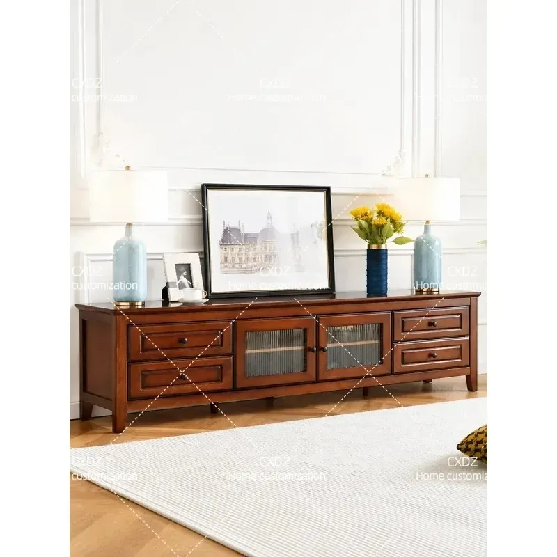 American Country Solid Wood TV Cabinet and Coffee Table Set Retro Simple Rubber Wood Entertainment Center for Small Apartment
