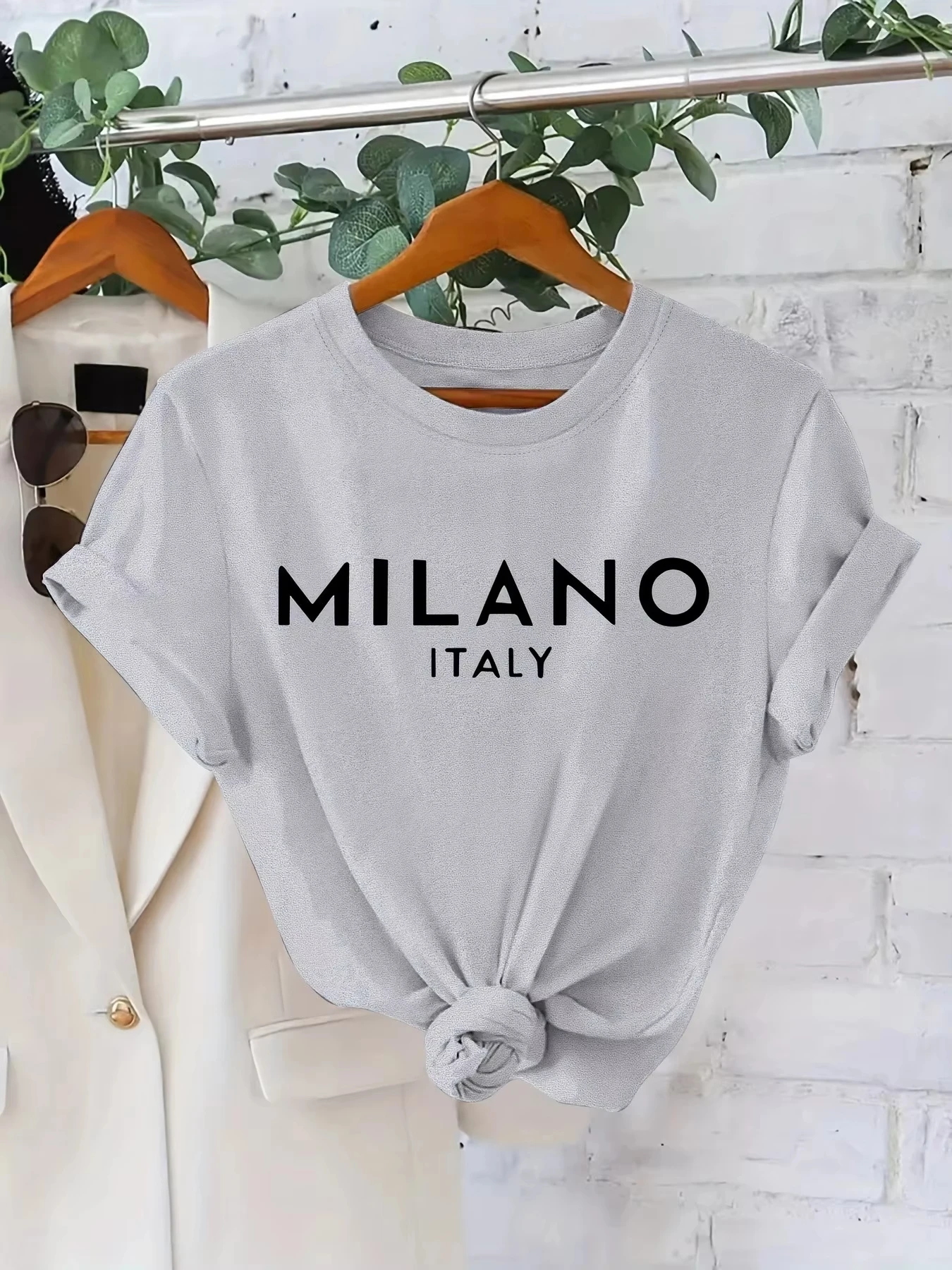 Women's Casual Pure Cotton T‑Shirt Milano Italy Letter Print Crew Neck Short Sleeve Knit Top For All Seasons Daily Street Wear