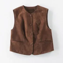 2024 Women Fashion New Genuine Sheepskin Leather Vest Maillard Retro Suede Vest E10