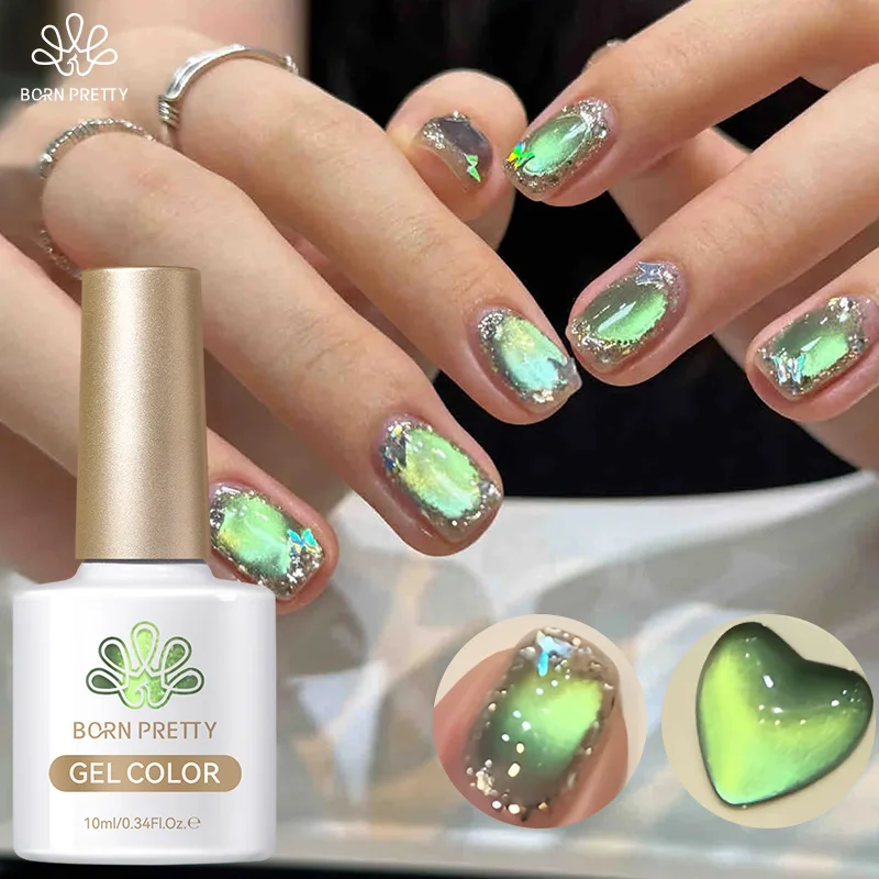 BORN PRETTY 10ml Auroras Green Colored Cat Magnetic Gel Nail Polish Ultra Shine Glass Beads Soak Off UV Nail Art Syrup Varnish
