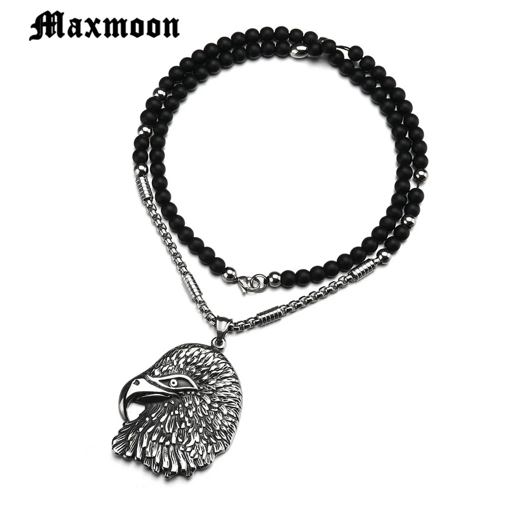 Maxmoon Eagle Head Stainless Stell  Necklace Pendant for Men Stainless Steel Metal Beads Necklace  Punk Jewelry