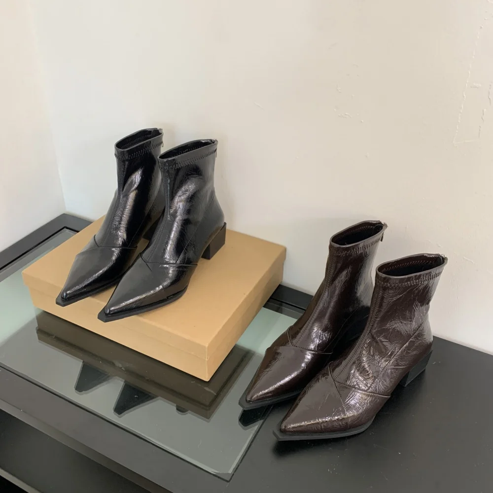 

Sexy Winter Autumn Short Boots Women Fashion Pointed Toe Zipper Brown Black Comfortable Party Chunky Heel Ankle Boots