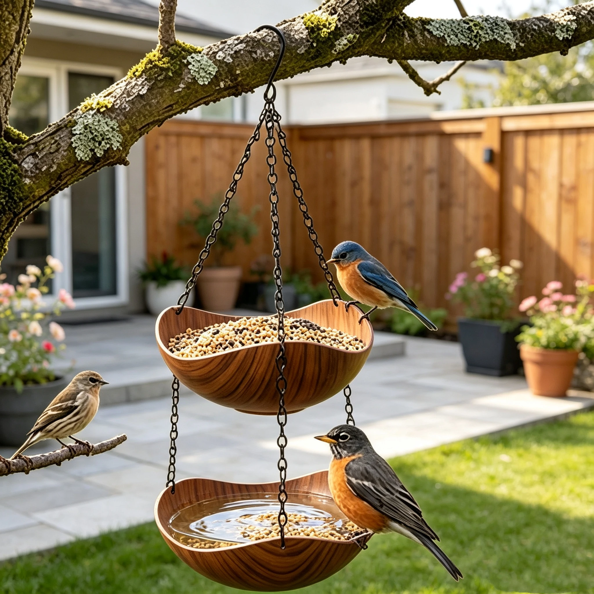 Hanging Bird Feeder Water Bath Bowl Iron Chain Retro Wood Grain Double/Single Layer Tray Rustproof Garden Outdoor Decor Birdbath