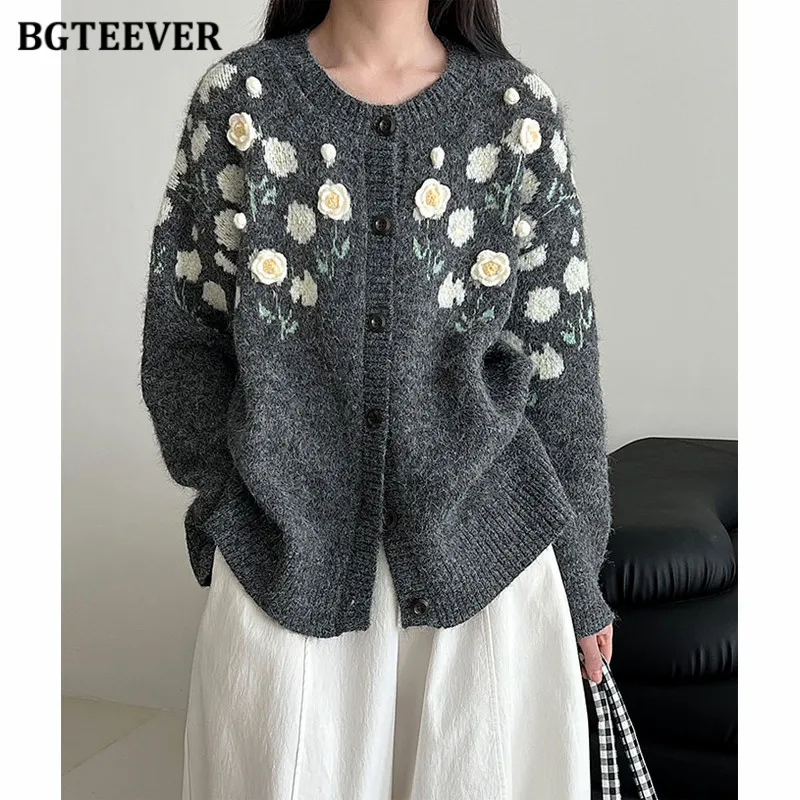 

BGTEEVER Vintage Thicken Warm Ladies Sweaters Cardigans Autumn Winter Single-breasted Women Knitted Jackets