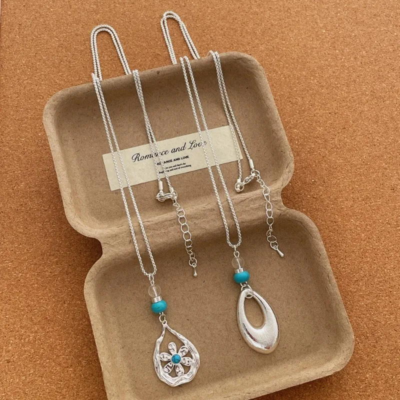Minar Korea Kallaite Natural Stone Hollow Metallic Flower Water Drop Pendant Necklaces for Women Silver Plated Copper Chain
