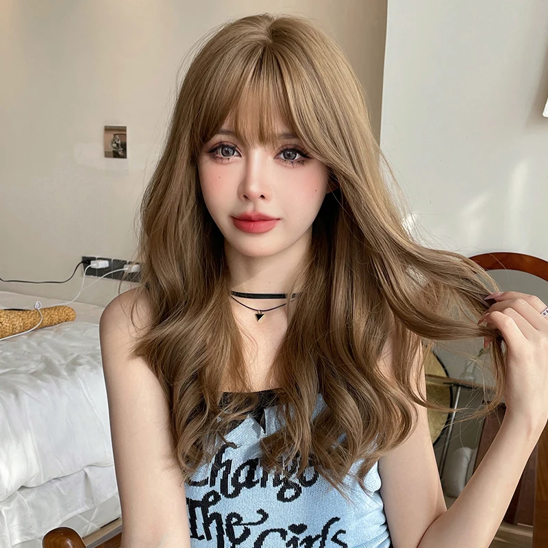 7JHH WIGS Costume Wig Synthetic Layered Honey Blonde Wig for Women Fashion Body Wavy Brown Wigs with Fluffy Bangs High Density