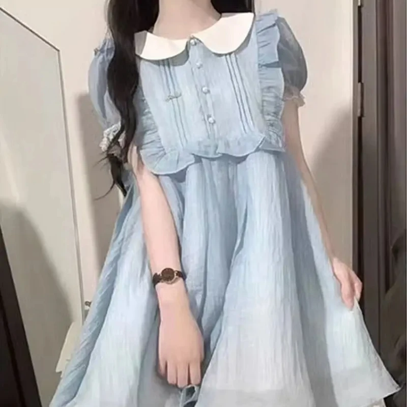 

2025 Lace Fairy Kawaii Dress Women Ruffles Korean Princess Party Mini Dress Female 2024 Summer Peter Pan Collar Casual Dresses