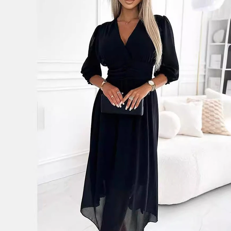 Sexy V Neck Solid Chiffon Long Dress Women Spring Elegant High-waisted Slim Party Dress Autumn 3/4 Sleeve A-Line Bohemian Dress