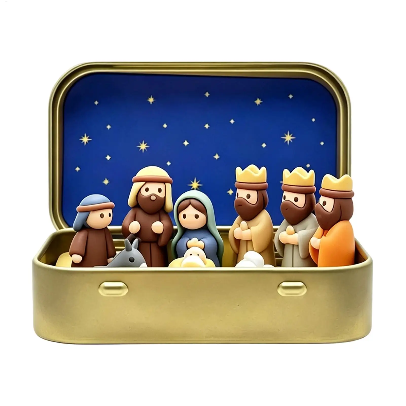 Miniature Nativity Set Pocket Size Christmas Figures in a Tin Box Small Kids Toys Shelf Decor for Desktop Bookshelf Entryway