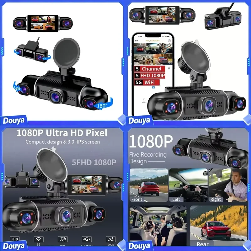 Relee 5G WiFi Sync Recording Dash Cam 5 Channel 360 Degrees 1080P Front Left Right Night Vision for Rear Left Right for Cars