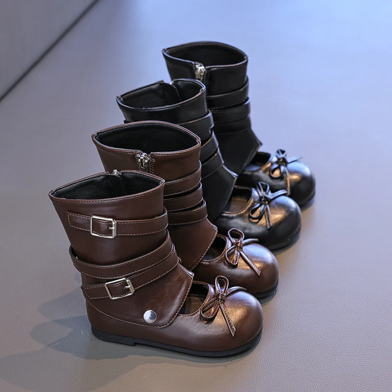 New Kids Girls Mid-calf Boots Classic 2 in 1 Children Fashion Flat Shoes with Bowknot Wedding Party Toddlers Dress Leather Boots