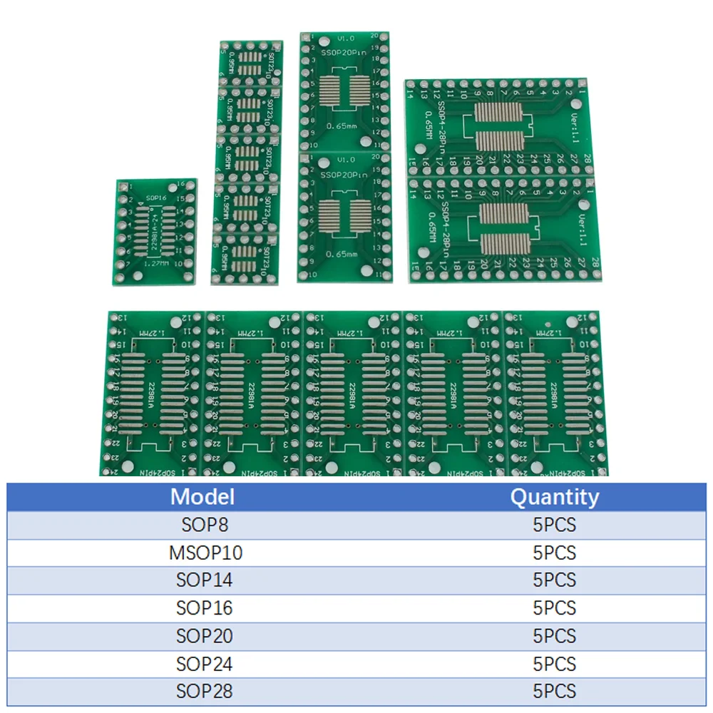 35PCS 7-in-1 Double-Sided PCB Kit SMD To DIP Adapter Converter Plate SOP8 SOP14 SOP16 SOP20 SOP24 SOP28 MSOP10 for Electronics