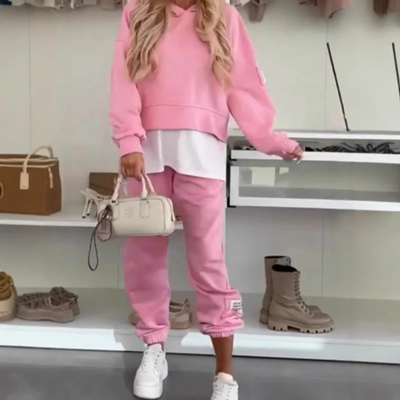 

Tracksuit Women Two Pieces Set Hooded Sweatshirts Solid Long Sleeve Straight Pants Suit Elastic Waist Sports Autumn Winter