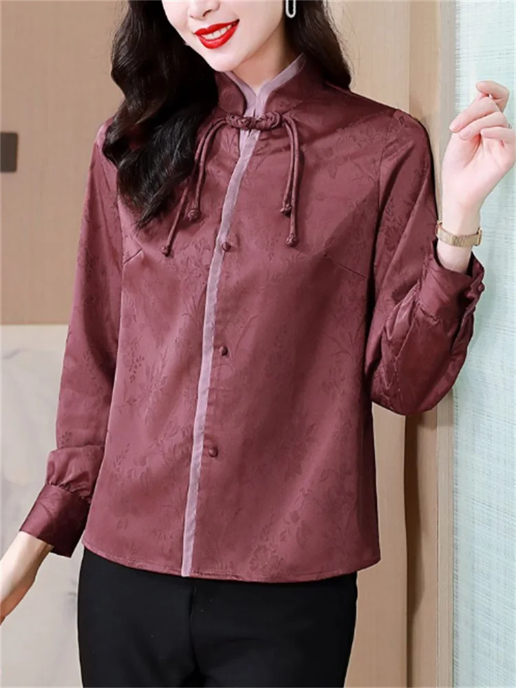 National Style Blouses Women Shirt Luxury Texture Top Satin Jacquard Standing Collar Blous Retro Button Up Shirt Chinese Blouses