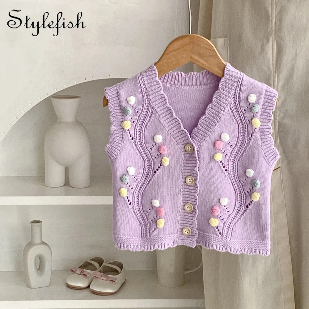 

Autumn new style 0-3 years old baby clothes baby girl handmade color balls V-neck knitted vest sweater