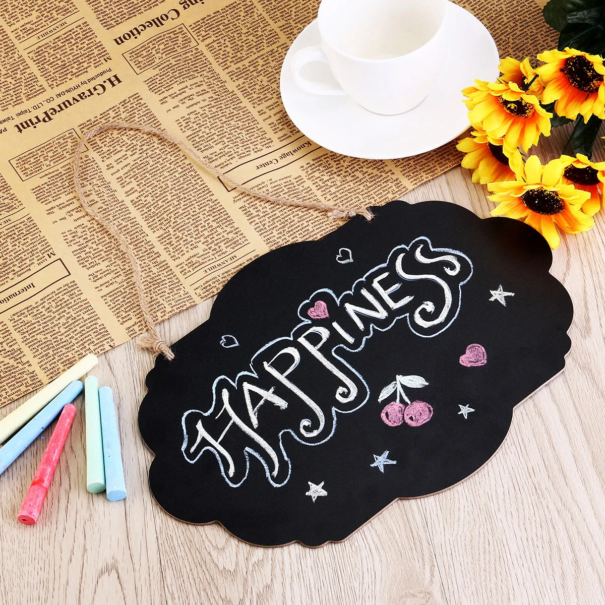 2Pcs Wooden Blackboard Message Board Creative Double-Sided Smooth Surface Wavy Edge Floral Border Chalkboard for Kitchen Wedding