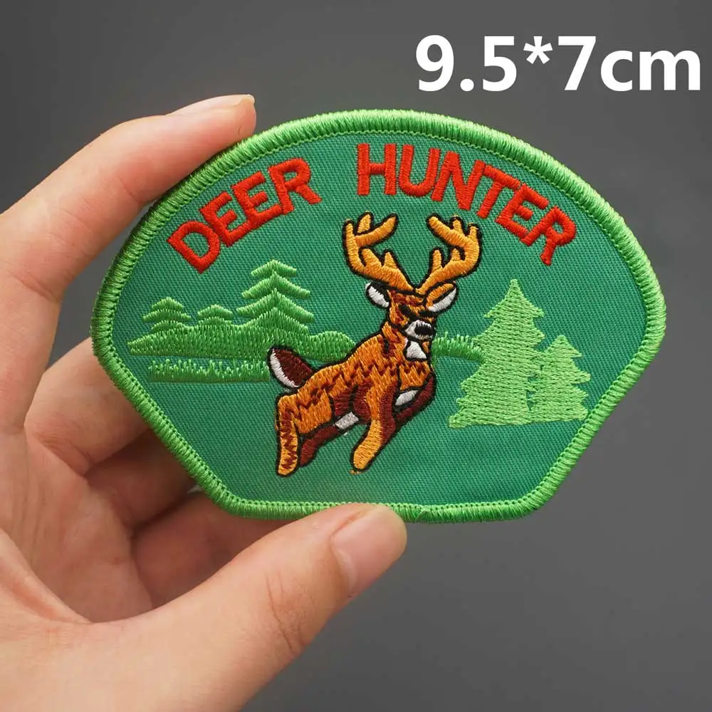 Wild Boar Deer Hunter Hunting Embroidery Patches Merrow Border Hook&Loop Backing Badge for Clothes Hat Accessories