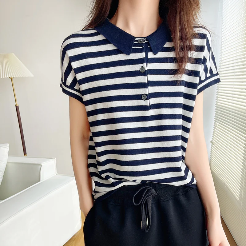Pure Cotton Striped T-Shirt For Women Summer Thin Casual Versatile Loose Fit Wi… - Image 4