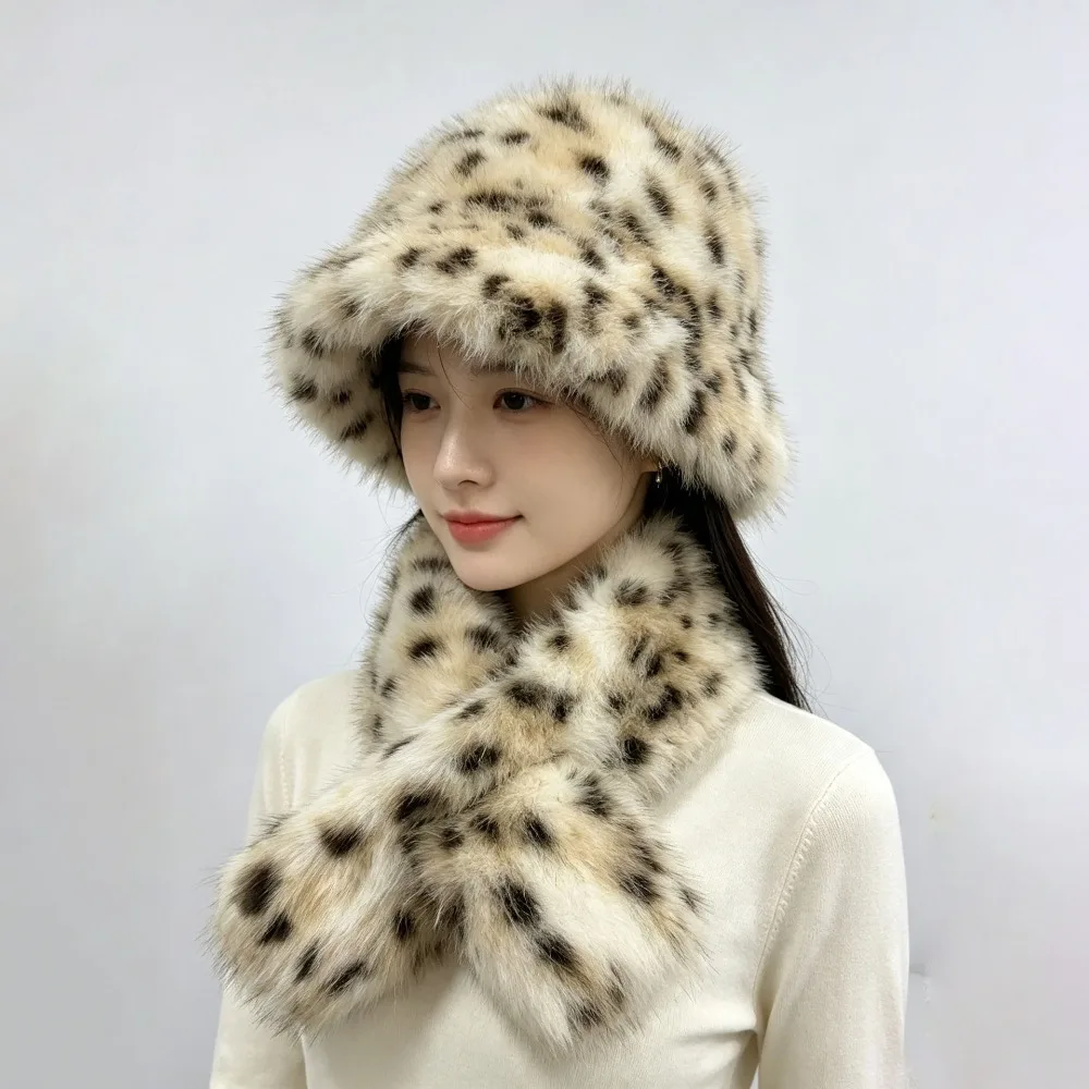 2-piece-set-rolled-brim-faux-fur-bucket-hat-windproof-soft-cross-tie-scarf-set-face-slimming-winter-head-neck-accessories