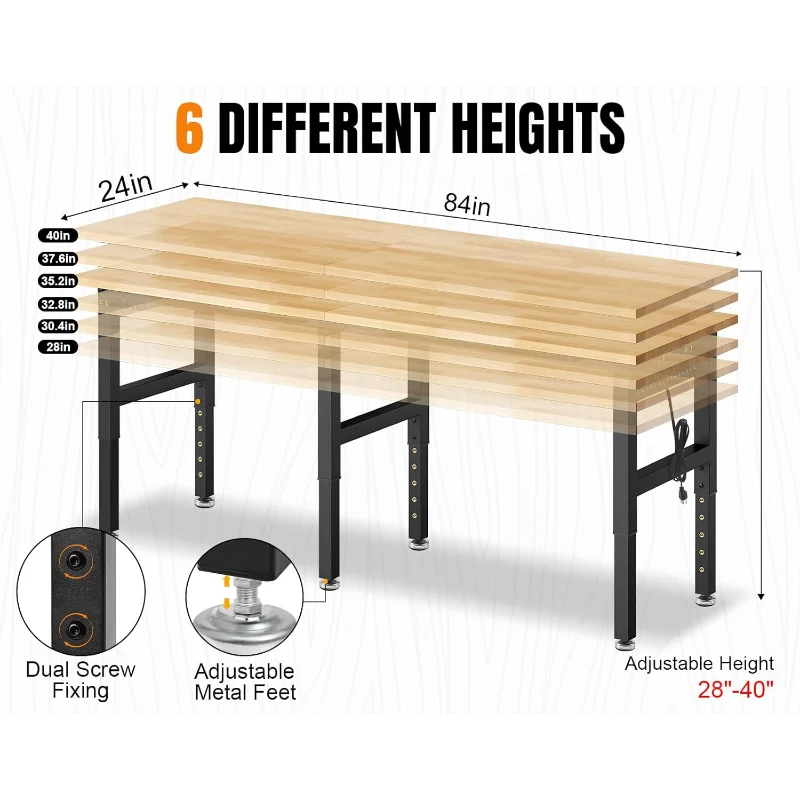 84” Adjustable Height Workbench, 5000 LBS Heavy Duty Table Rubber Wood Workstation with Power Outlet & Pegboard for Garage