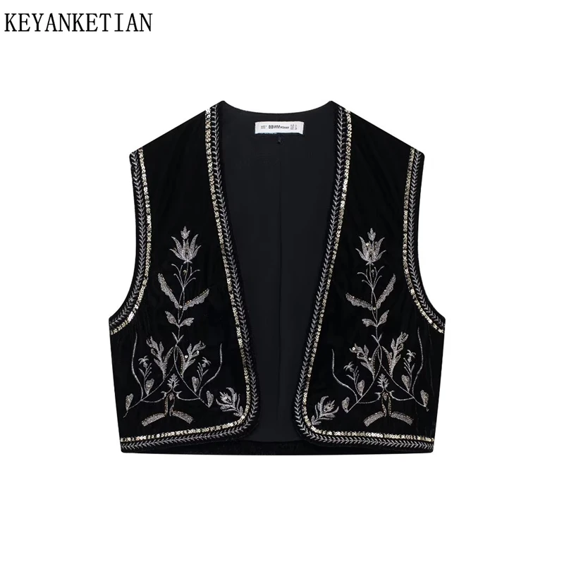 KEYANKETIAN 2025 New Women's Velvet embroidered waistcoat Spring/Autumn Bohemian Beading Sequined Thin Sleeveless Crop Top Vest