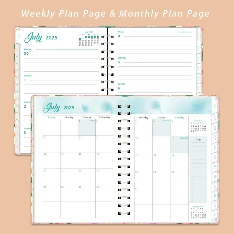 2025 Plan Calendar Diary Coil Notebook A5 Weekly Notebook Planners Budget Planner Flower Pattern 140 Pages Book (2025.1-2025.12)