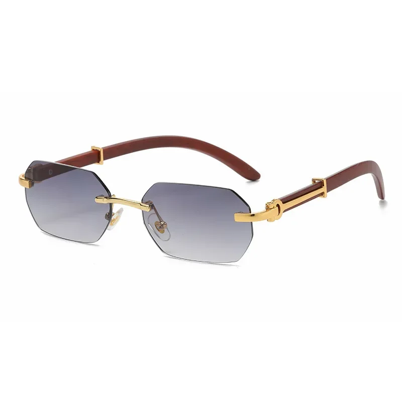 

Vintage Rimless Rectangle Sunglasses Irregular Small Square Wood Frame Shades Gold Polygonal UV400 Protection Unisex Eyewear