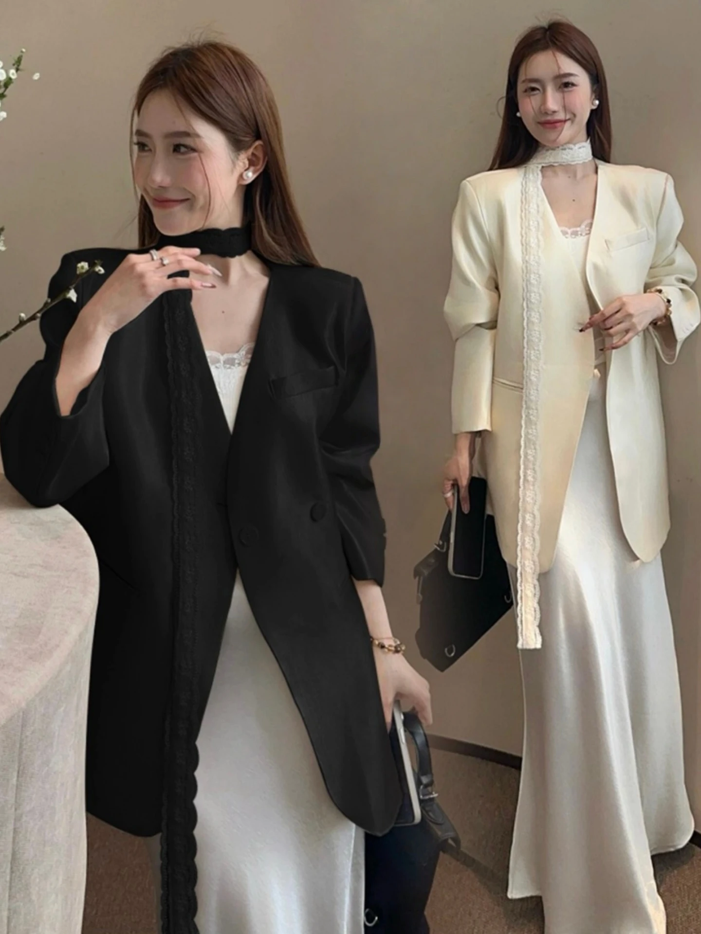 

Elegant Neck-Tie Suit Jacket for Women Spring Autumn plus Size Slimming Luxury Top Commute Casual Breathable Long Sleeve