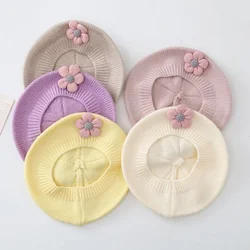 Solid Color Flower Baby Beret Hat Winter Warm Knitted Beanie Cap for Infant Girls Korean Toddler Princess Artist Painter Caps