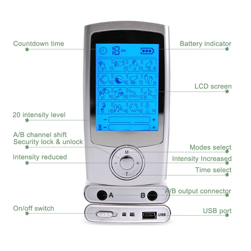 Abuu-massagem elétrica de pulso corporal dezenas 16 modos ems massageador de acupuntura terapia digital eletroestimulador estimulador muscular