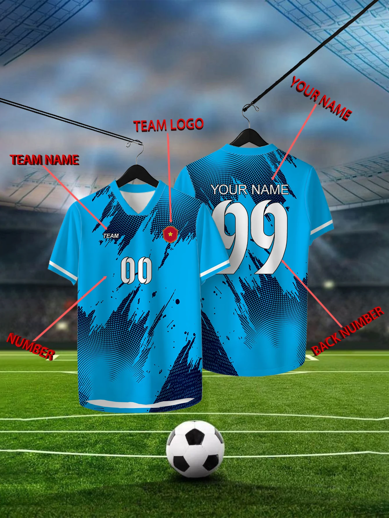 

Customized Geometric Blue Short Sleeved Shirt with Team Name, Emblem, Name and Number, Outdoor Sports Short Sleeved T-shirt