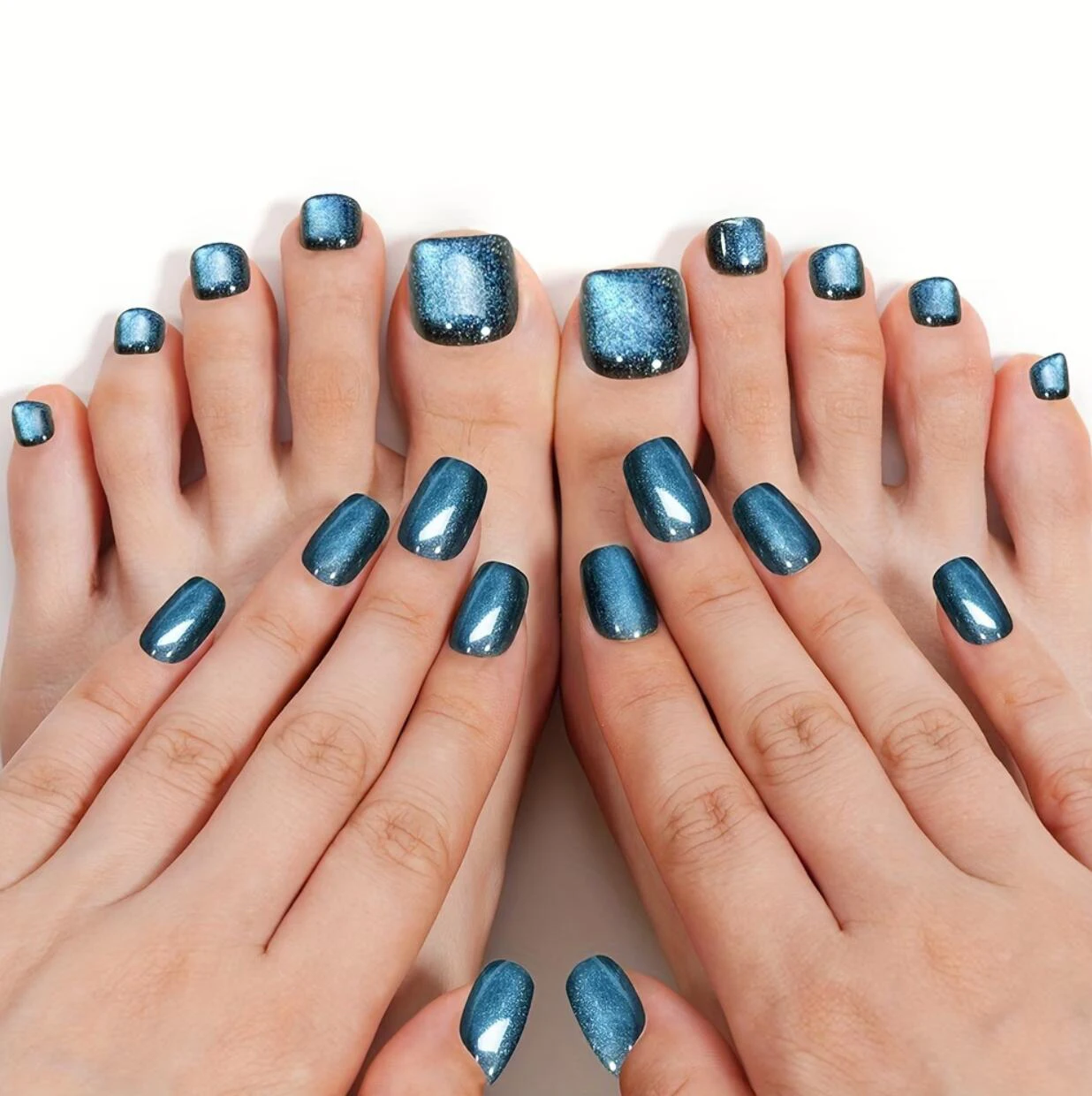 48Pcs Blue Cat's Eye Press On Nails/Toenails Shimmer Short Square Fake Fingernails+Toenail Summer Wearable Manicure Foot Tips td